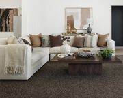 Living room area with FLOR area rug Hemline shown in Cocoa.