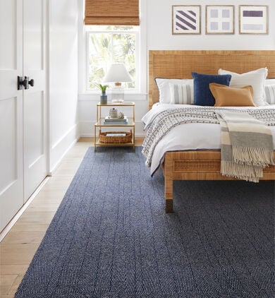 Bedroom with FLOR Tweed Indeed shown in Cobalt