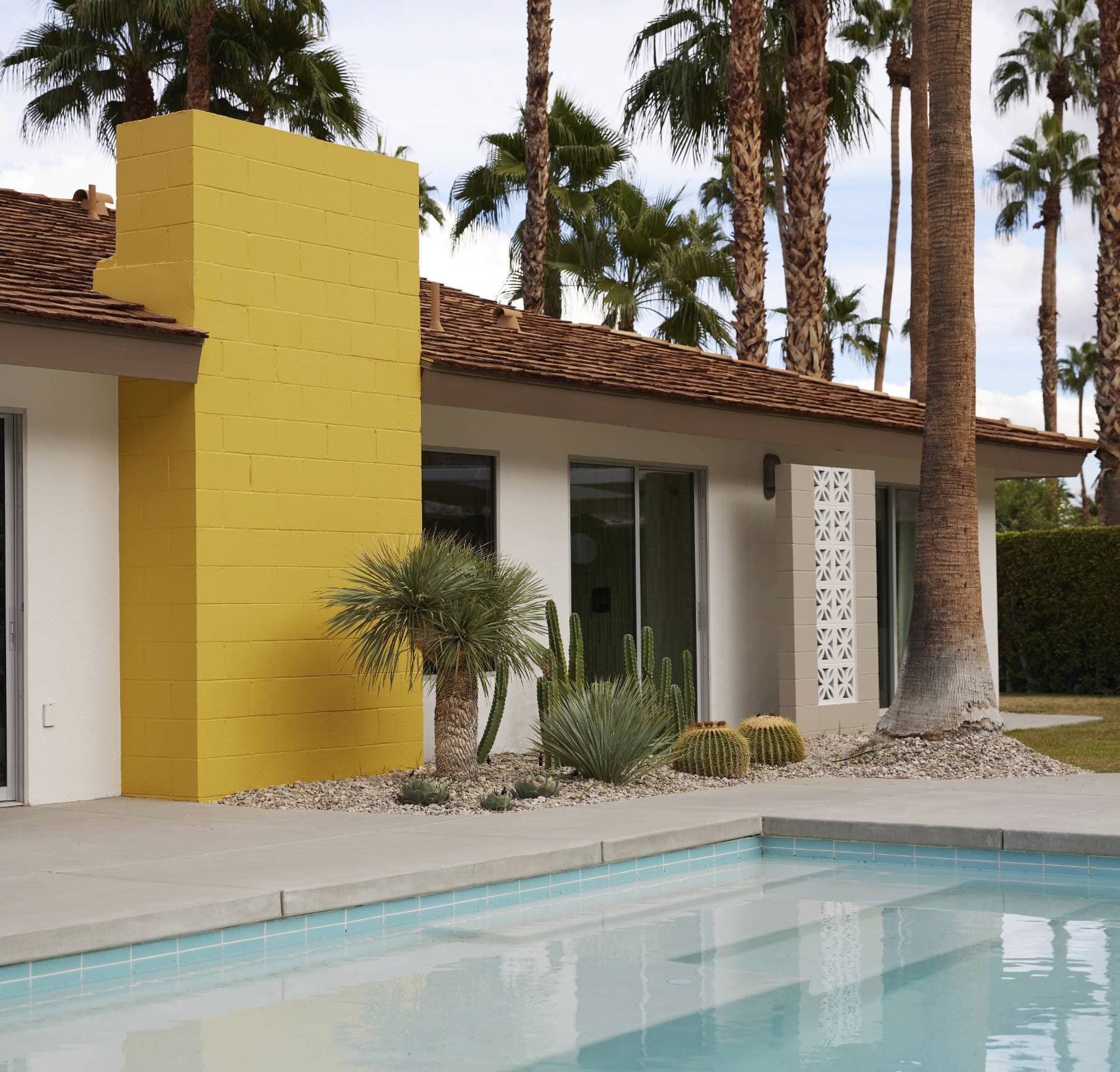 Exterior photo with palm trees and pool