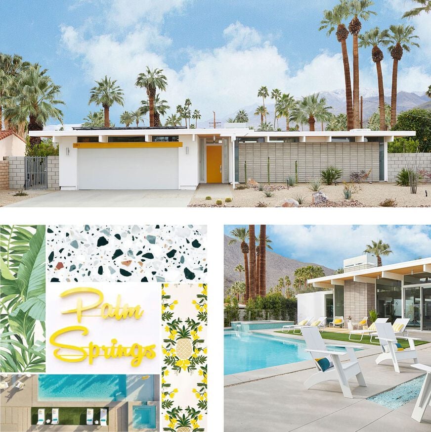 Collage showing exterior and pool views of the Palm Springs home