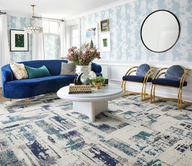 FLOR Splish Splash living room area rug shown in Lapis
