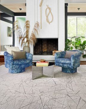 Living room with FLOR area rug Chasing Pavement in Chalk/Silver