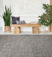  Bench with FLOR London Twill area rug shown in Flint/Pearl
