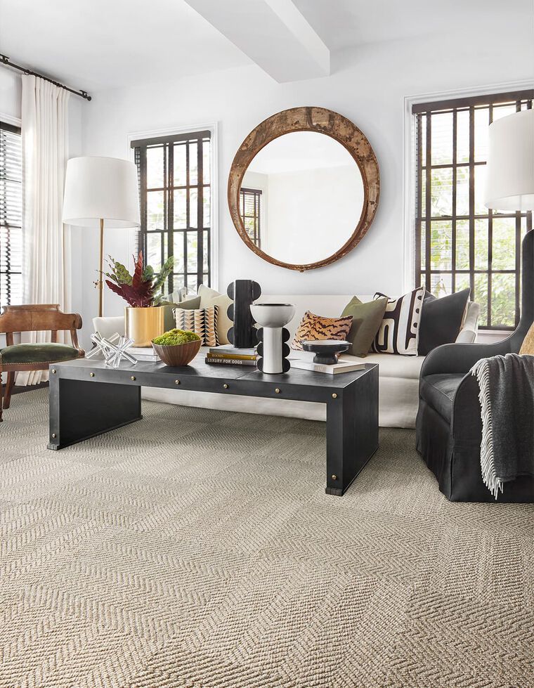 Living Room with FLOR Suit Yourself shown in Linen