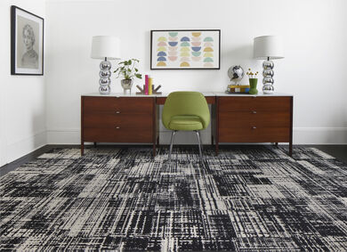 Desk area with FLOR Dappled Daylight area rug shown in Black