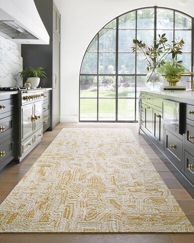 Kitchen with FLOR Anthracite runner rug shown in Pearl/Gold