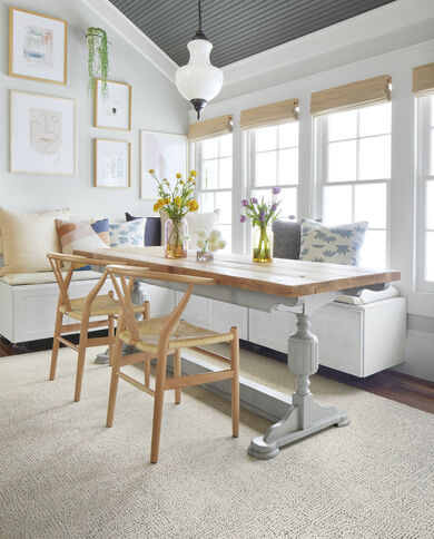 Dining area with FLOR Hemline area rug shown in new color Pearl/Grey