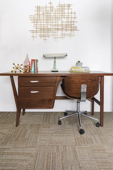 Office Desk on FLOR Morning Coffee area rug shown in Mocha