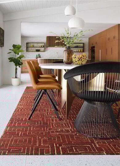 Dining Room with FLOR Gatsby area rug shown in Spice/Gold