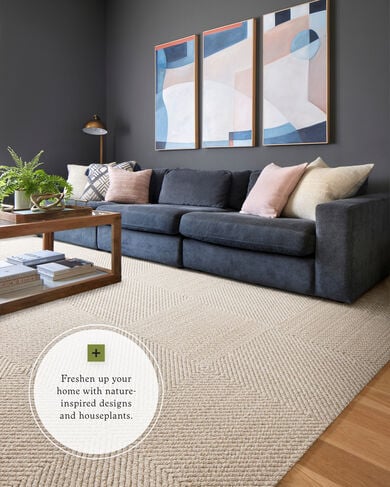 Living room with FLOR Hit The Road area rug shown in Bone
