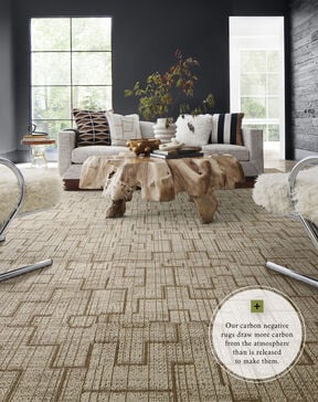Moody and natural living room with FLOR Terra Nova area rug shown in Topaz