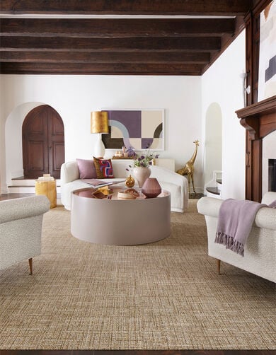 Living Room with FLOR London Twill shown in Topaz