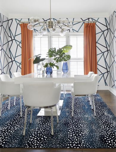 Dining area with FLOR Doe Re Mi area rug shown in Indigo