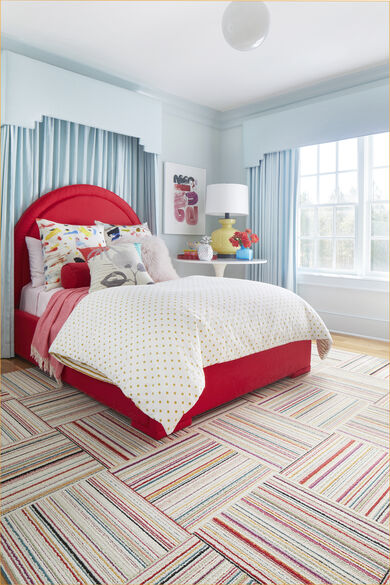 Bedroom with FLOR Like Minded area rug shown in Pink