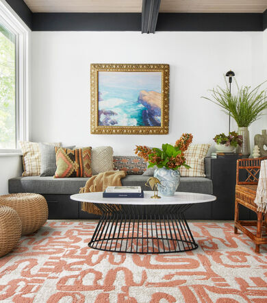 Living room with FLOR Scenic Route area rug shown in Bone/Coral