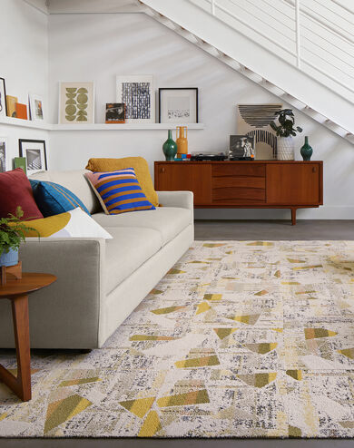 Loft living room area rug with NEW – FLOR High Hopes shown in Maize