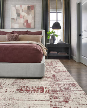 Bedroom with FLOR Clouded View area rug shown in Bone/Spice