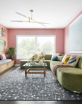 Living room with FLOR area rug Hollin Hills in Dusty Blue