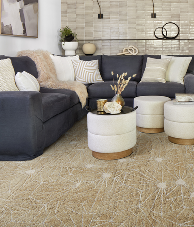 Living room with FLOR Skyfall runner rug shown in Eggnog