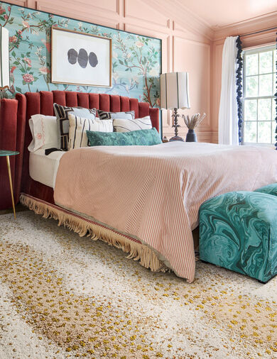 Eclectic bedroom with FLOR area rug Doe Re Mi shown in Eggnog/Gold