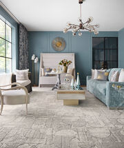 Living room with FLOR Sidecar area rug shown in Chalk/Silver