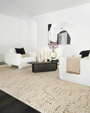 Sitting area with FLOR Check It Out area rug shown in Pearl