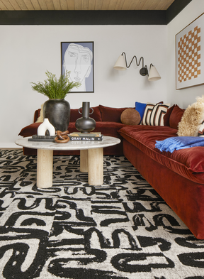 Living room with FLOR Scenic Route area rug shown in Chalk/Black