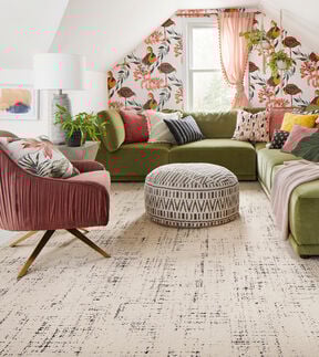 Pink and Green decorated living room with FLOR Tuxedo Pocket area rug in Pearl