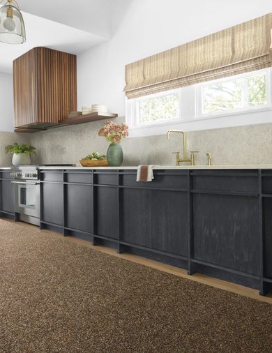 Kitchen with FLOR Industrious area rug shown in Bark