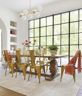 FLOR dining room area rug shot showing On The Dot in Bone/Silver