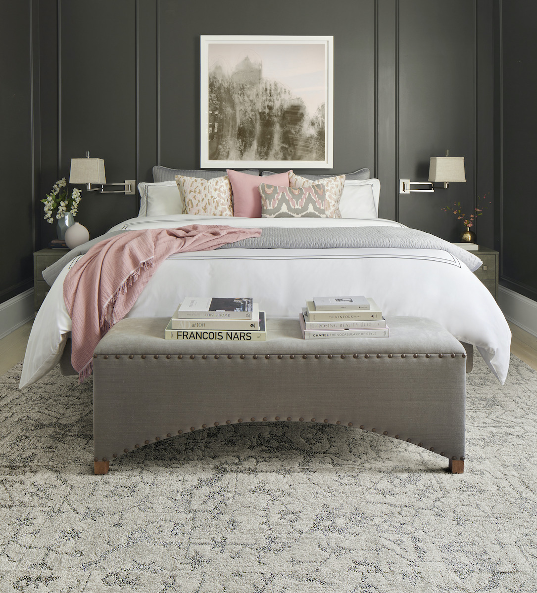 FLOR hospitality image, bedroom showing Mined & Yours in Chalk/Silver