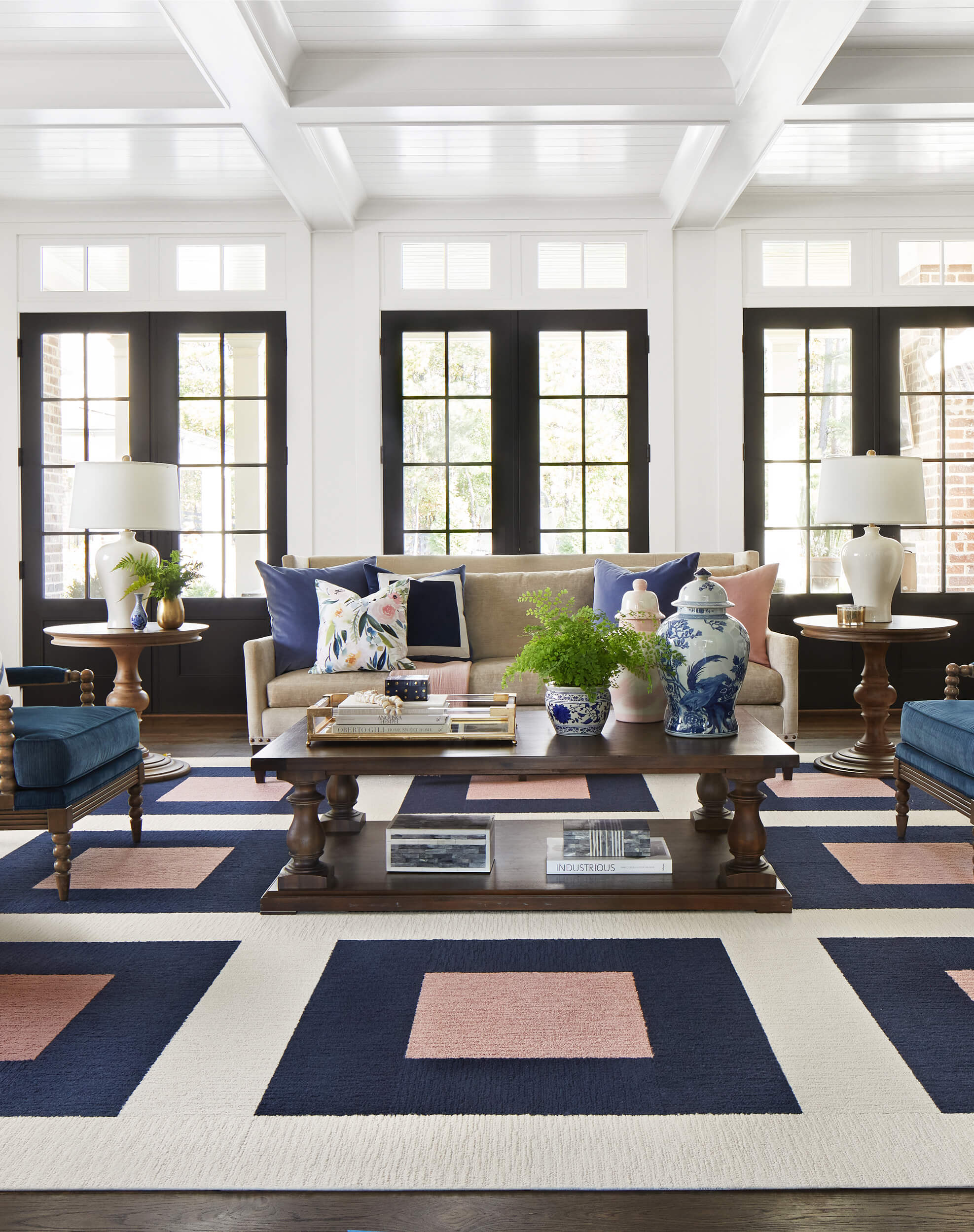 FLOR Made You Look area rug in Bone, Blush, and Indigo.