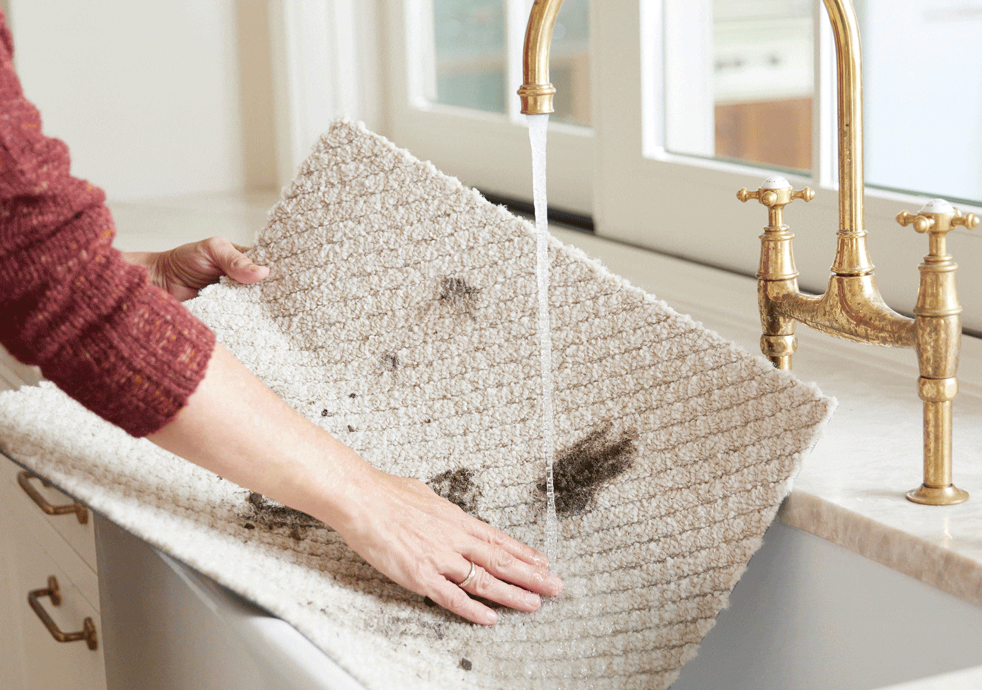 Washing muddy FLOR carpet tile in sink and spot dirty FLOR carpet tile in place